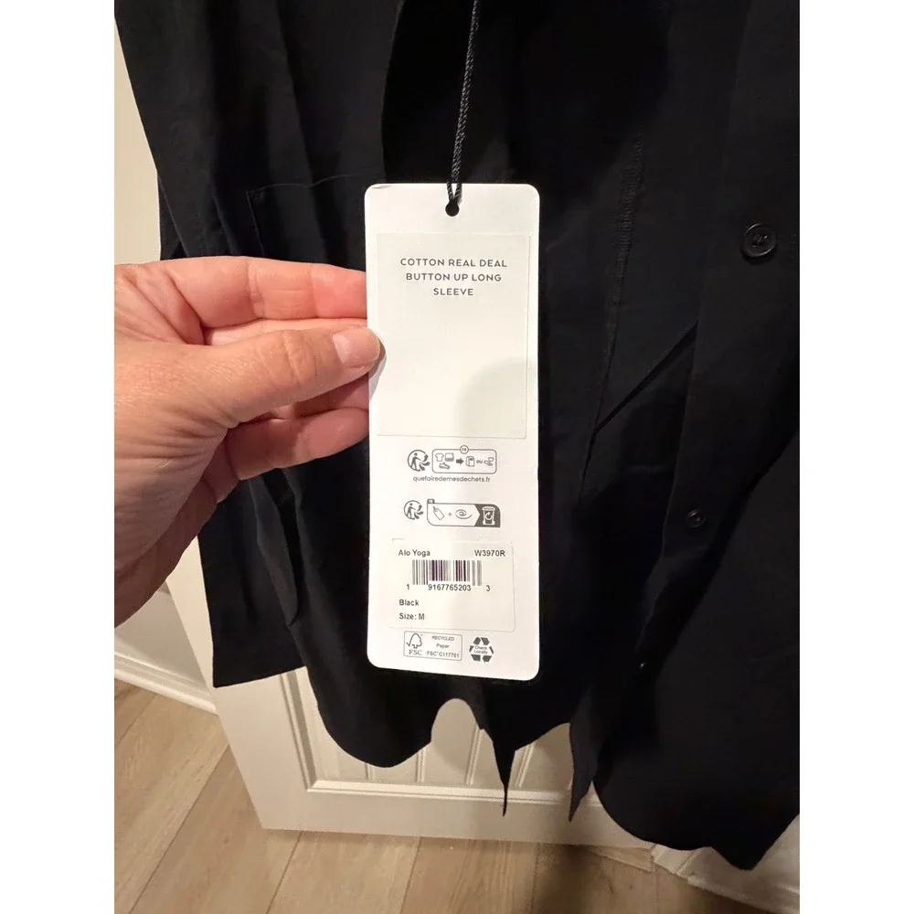 Alo Yoga Cotton Real Deal Button Up Long Sleeve Shirt Black Size M NWT